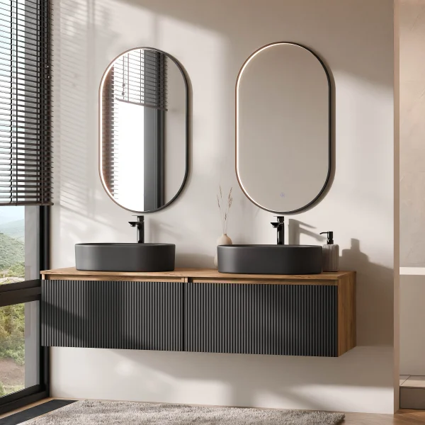 ARISA Double Vanity Unit, 160 cm, in Black Ribbed, with 2 GLORA LED Mirrors and 2 Black Ceramic Countertop Sinks, 55 cm