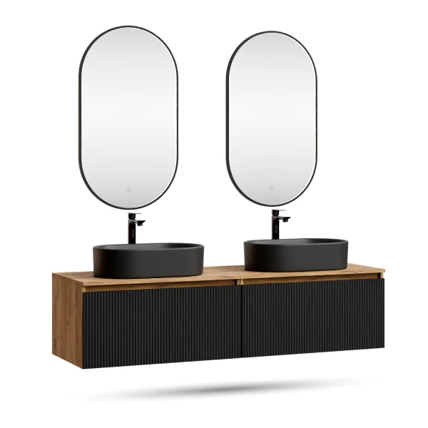 ARISA Double Vanity Unit, 160 cm, in Black Ribbed, with 2 GLORA LED Mirrors and 2 Black Ceramic Countertop Sinks, 55 cm