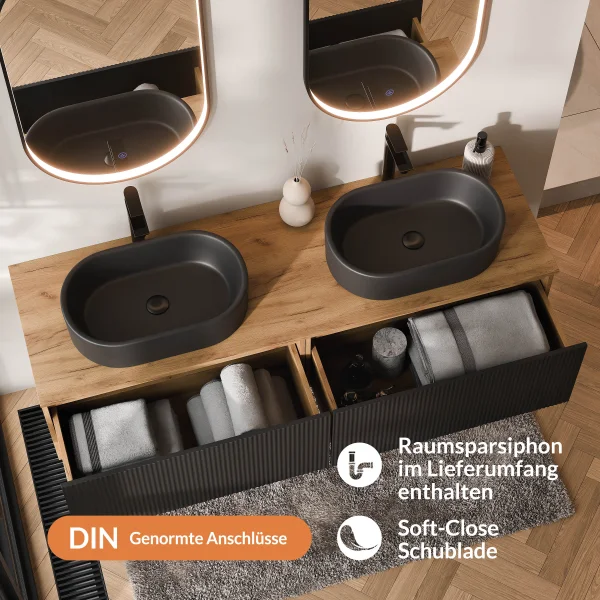ARISA Double Vanity Unit, 160 cm, in Black Ribbed, with 2 GLORA LED Mirrors and 2 Black Ceramic Countertop Sinks, 55 cm