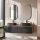 ARISA Double Vanity Unit, 160 cm, in Black Ribbed, with 2 GLORA LED Mirrors and 2 Black Ceramic Countertop Sinks, 55 cm