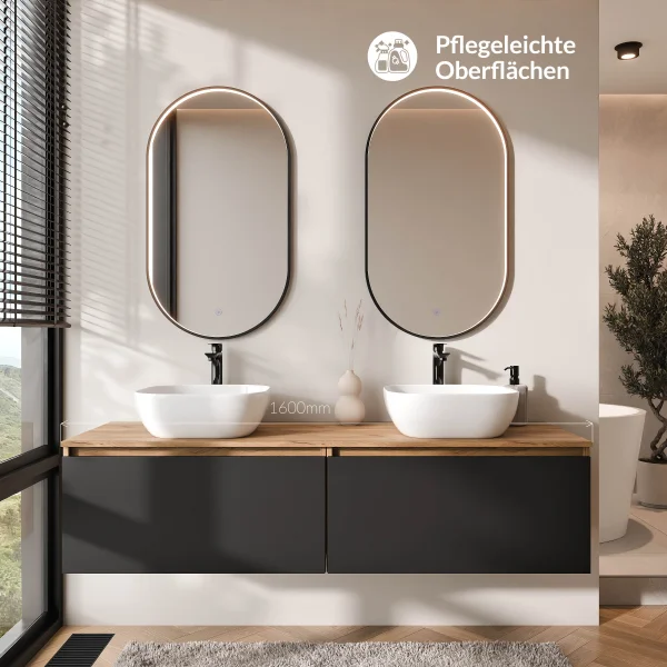 ARISA Double Vanity Unit, 160 cm, in Black Ribbed, with 2 GLORA LED Mirrors and 2 White Ceramic Countertop Sinks, 42 cm