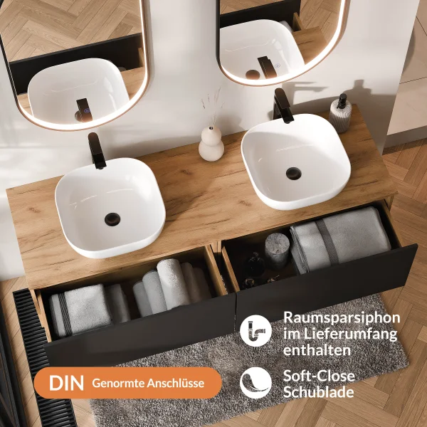 ARISA Double Vanity Unit, 160 cm, in Black Ribbed, with 2 GLORA LED Mirrors and 2 White Ceramic Countertop Sinks, 42 cm