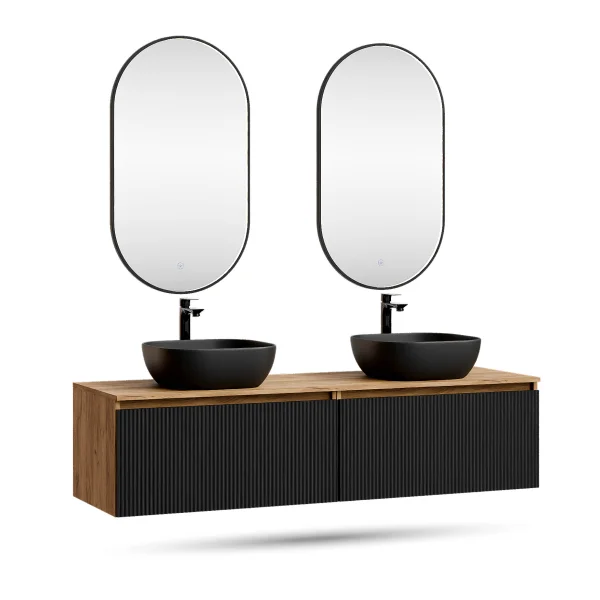 ARISA Double Vanity Unit, 160 cm, in Black Ribbed, with 2 GLORA LED Mirrors and 2 Black Ceramic Countertop Sinks, 42 cm