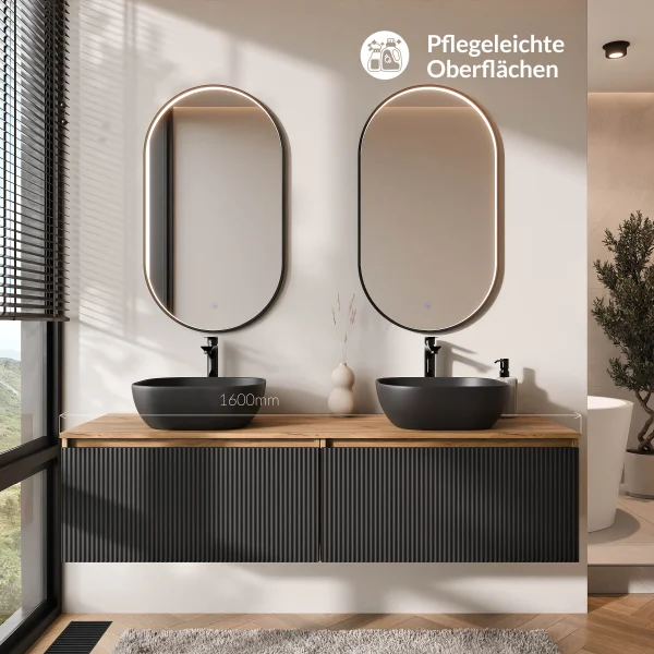 ARISA Double Vanity Unit, 160 cm, in Black Ribbed, with 2 GLORA LED Mirrors and 2 Black Ceramic Countertop Sinks, 42 cm