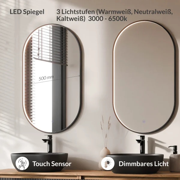 ARISA Double Vanity Unit, 160 cm, in Black Ribbed, with 2 GLORA LED Mirrors and 2 Black Ceramic Countertop Sinks, 42 cm