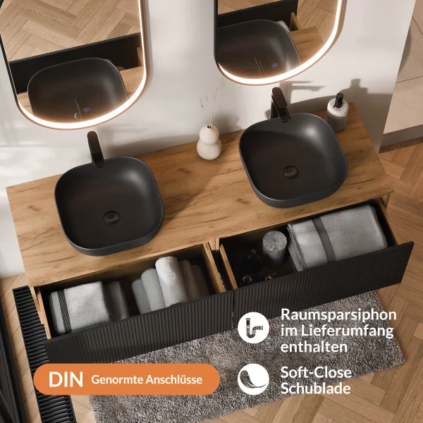 ARISA Double Vanity Unit, 160 cm, in Black Ribbed, with 2 GLORA LED Mirrors and 2 Black Ceramic Countertop Sinks, 42 cm