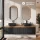 ARISA Double Vanity Unit, 160 cm, in Black Ribbed, with 2 GLORA LED Mirrors and 2 Black Ceramic Countertop Sinks, 42 cm