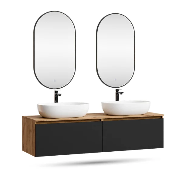 Meuble-lavabo double ARISA 160 cm, noir, avec 2 miroirs à LED GLORA et 2 vasques en céramique blanches de 60 cm