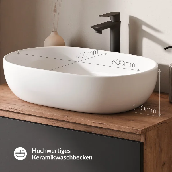 Meuble-lavabo double ARISA 160 cm, noir, avec 2 miroirs à LED GLORA et 2 vasques en céramique blanches de 60 cm