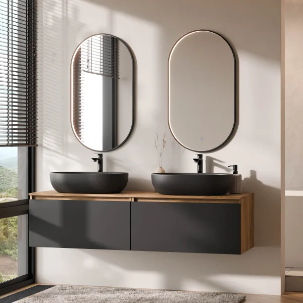 Meuble-lavabo double ARISA 160 cm, noir, avec 2 miroirs à LED GLORA et 2 vasques en céramique noires de 60 cm