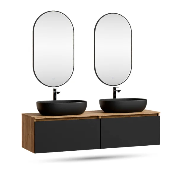 Meuble-lavabo double ARISA 160 cm, noir, avec 2 miroirs à LED GLORA et 2 vasques en céramique noires de 60 cm