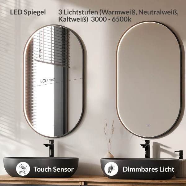 Meuble-lavabo double ARISA 160 cm, noir, avec 2 miroirs à LED GLORA et 2 vasques en céramique noires de 60 cm
