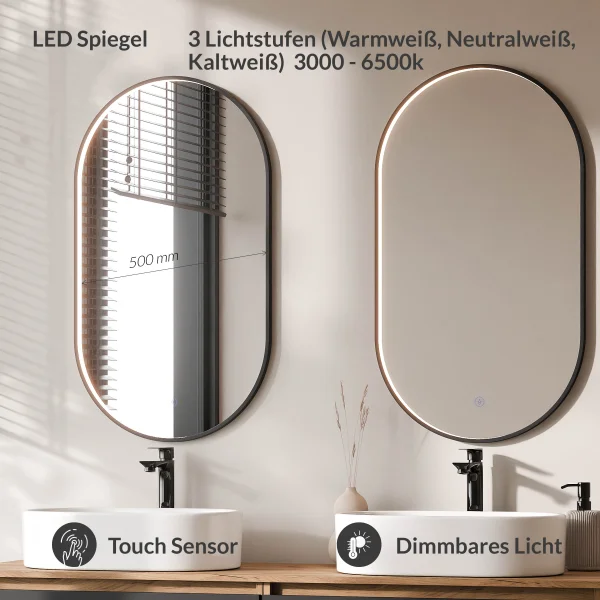 ARISA Doppelwaschtisch 160 cm in Schwarz mit 2 LED Spiegel GLORA und 2 weißen Keramik-Aufsatzwaschbecken 55 cm