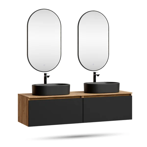 ARISA Double Vanity Unit, 160 cm, in Black, with 2 GLORA LED Mirrors and 2 Black Ceramic Countertop Sinks, 55 cm