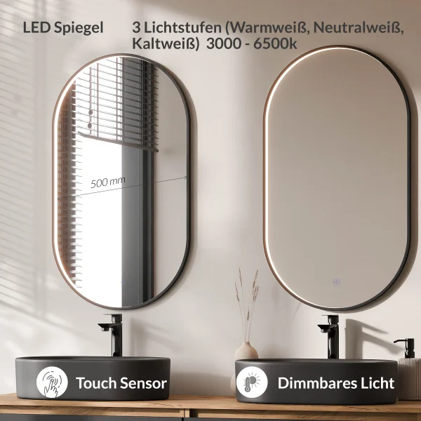 ARISA Double Vanity Unit, 160 cm, in Black, with 2 GLORA LED Mirrors and 2 Black Ceramic Countertop Sinks, 55 cm