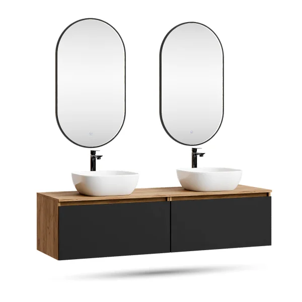 Meuble-lavabo double ARISA 160 cm, noir, avec 2 miroirs à LED GLORA et 2 vasques en céramique blanches de 42 cm