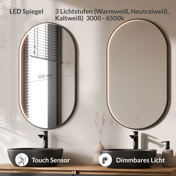 ARISA Doppelwaschtisch 160 cm in Schwarz mit 2 LED Spiegel GLORA und 2 schwarzen Keramik-Aufsatzwaschbecken 42 cm