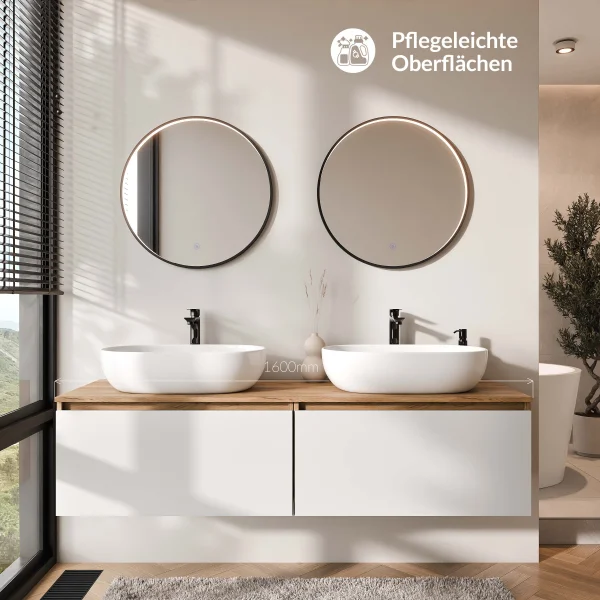 Mobile lavabo doppio ARISA da 160 cm in bianco con 2 specchi LED VELUNA da 60 cm e 2 lavabi da appoggio in ceramica bianca da 60 cm