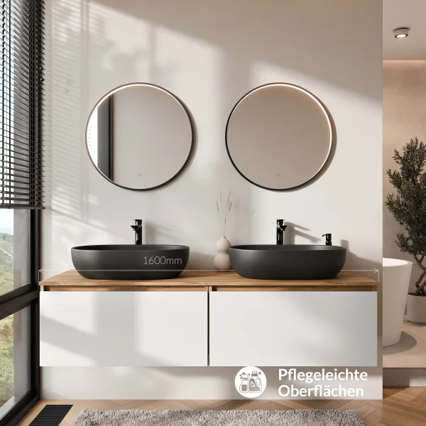 ARISA Double Vanity Unit, 160 cm, in White, with 2 VELUNA 60 cm LED Mirrors and 2 Black 60 cm Ceramic Countertop Sinks