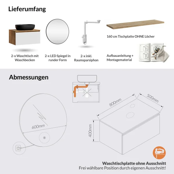 ARISA Double Vanity Unit, 160 cm, in White, with 2 VELUNA 60 cm LED Mirrors and 2 Black 60 cm Ceramic Countertop Sinks