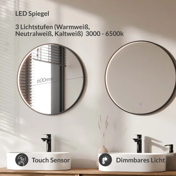 ARISA Doppelwaschtisch 160 cm in Weiß mit 2 LED Spiegel VELUNA 60 cm und 2 weißen Keramik-Aufsatzwaschbecken 55 cm