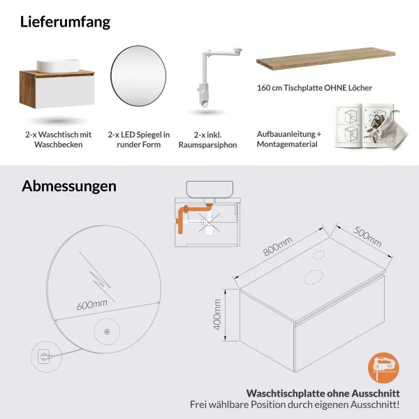 ARISA Doppelwaschtisch 160 cm in Weiß mit 2 LED Spiegel VELUNA 60 cm und 2 weißen Keramik-Aufsatzwaschbecken 55 cm