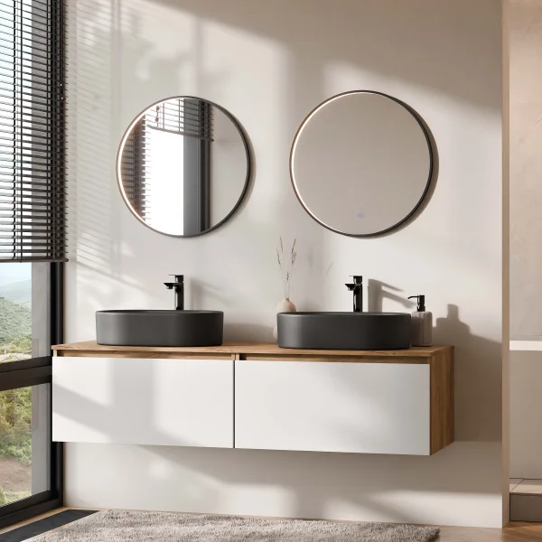 ARISA Double Vanity Unit, 160 cm, in White, with 2 VELUNA 60 cm LED Mirrors and 2 Black 55 cm Ceramic Countertop Sinks