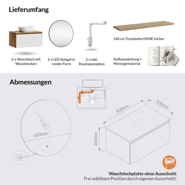 ARISA Doppelwaschtisch 160 cm in Weiß mit 2 LED Spiegel VELUNA 60 cm und 2 weißen Keramik-Aufsatzwaschbecken 42 cm