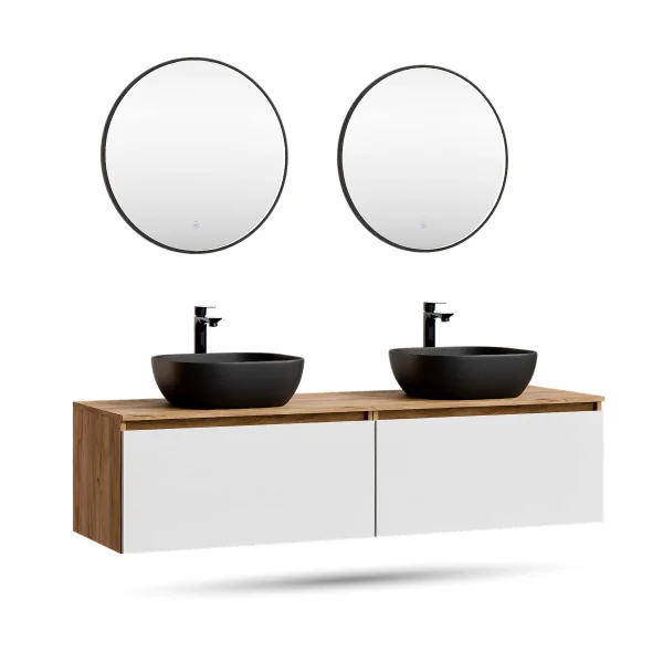 ARISA Double Vanity Unit, 160 cm, in White, with 2 VELUNA 60 cm LED Mirrors and 2 Black Ceramic Countertop Sinks, 42 cm