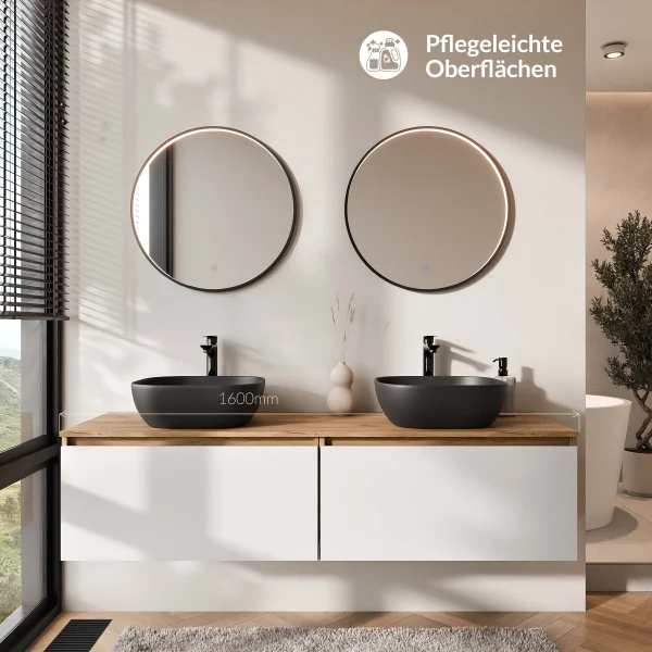 ARISA Double Vanity Unit, 160 cm, in White, with 2 VELUNA 60 cm LED Mirrors and 2 Black Ceramic Countertop Sinks, 42 cm