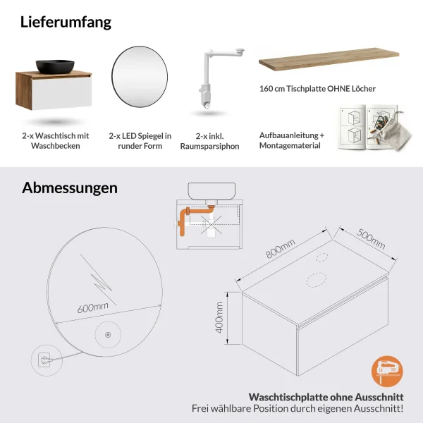 ARISA Double Vanity Unit, 160 cm, in White, with 2 VELUNA 60 cm LED Mirrors and 2 Black Ceramic Countertop Sinks, 42 cm