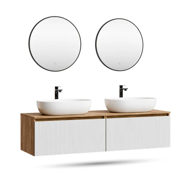 ARISA Double Vanity Unit, 160 cm, in White Ribbed, with 2 VELUNA 60 cm LED Mirrors and 2 White Ceramic Countertop Sinks, 60 cm