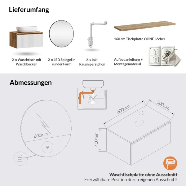 ARISA Double Vanity Unit, 160 cm, in White Ribbed, with 2 VELUNA 60 cm LED Mirrors and 2 White Ceramic Countertop Sinks, 60 cm