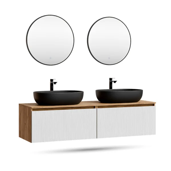 ARISA Double Vanity Unit, 160 cm, in White Ribbed, with 2 VELUNA 60 cm LED Mirrors and 2 Black 60 cm Ceramic Countertop Sinks