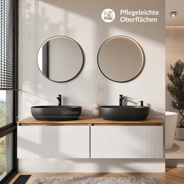 ARISA Double Vanity Unit, 160 cm, in White Ribbed, with 2 VELUNA 60 cm LED Mirrors and 2 Black 60 cm Ceramic Countertop Sinks