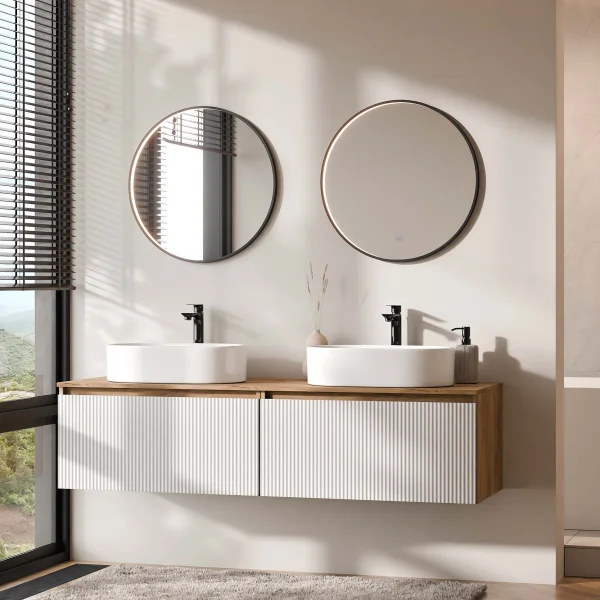 ARISA Double Vanity Unit, 160 cm, in White Ribbed, with 2 VELUNA 60 cm LED Mirrors and 2 White Ceramic Countertop Sinks, 55 cm