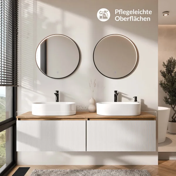 ARISA Double Vanity Unit, 160 cm, in White Ribbed, with 2 VELUNA 60 cm LED Mirrors and 2 White Ceramic Countertop Sinks, 55 cm