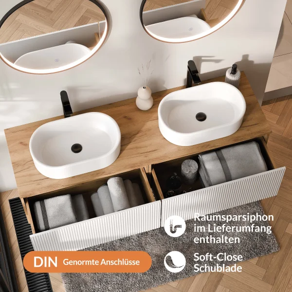 ARISA Double Vanity Unit, 160 cm, in White Ribbed, with 2 VELUNA 60 cm LED Mirrors and 2 White Ceramic Countertop Sinks, 55 cm