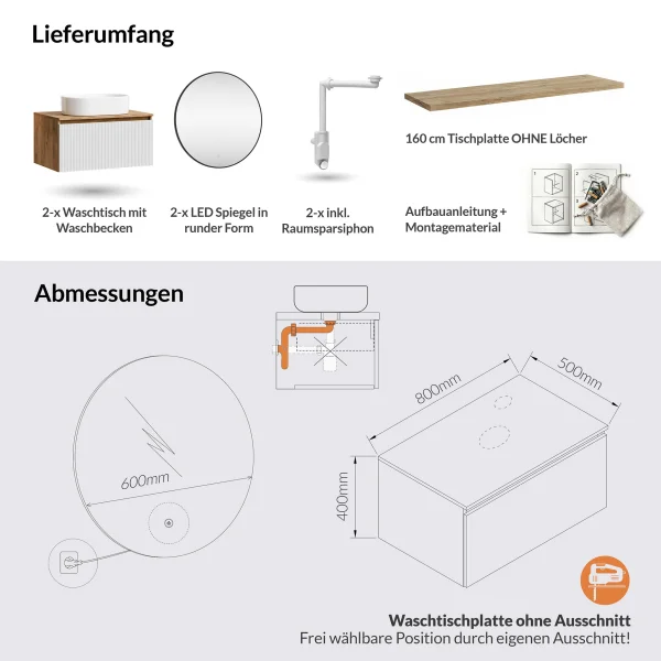 ARISA Double Vanity Unit, 160 cm, in White Ribbed, with 2 VELUNA 60 cm LED Mirrors and 2 White Ceramic Countertop Sinks, 55 cm