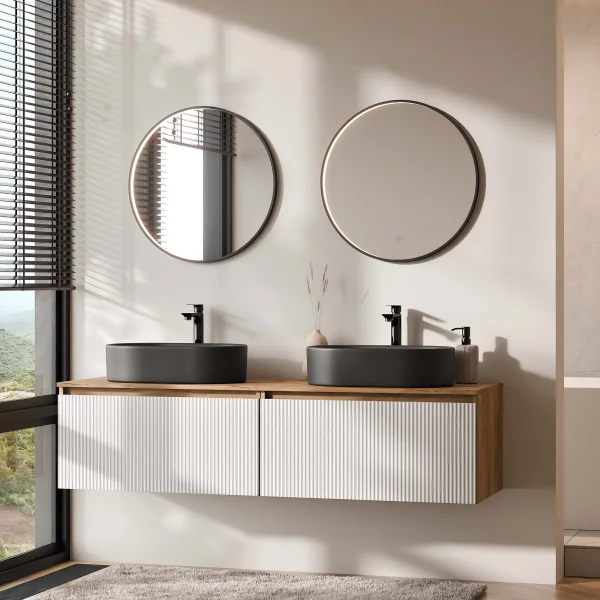 ARISA Double Vanity Unit, 160 cm, in White Ribbed, with 2 VELUNA 60 cm LED Mirrors and 2 Black Ceramic Countertop Sinks, 55 cm