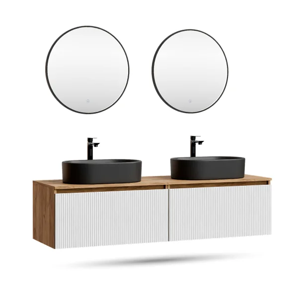 ARISA Double Vanity Unit, 160 cm, in White Ribbed, with 2 VELUNA 60 cm LED Mirrors and 2 Black Ceramic Countertop Sinks, 55 cm