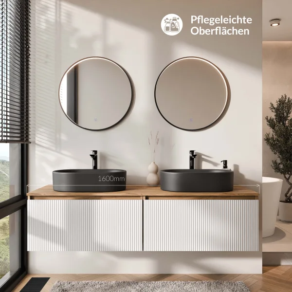 ARISA Double Vanity Unit, 160 cm, in White Ribbed, with 2 VELUNA 60 cm LED Mirrors and 2 Black Ceramic Countertop Sinks, 55 cm