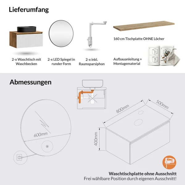 ARISA Double Vanity Unit, 160 cm, in White Ribbed, with 2 VELUNA 60 cm LED Mirrors and 2 Black Ceramic Countertop Sinks, 55 cm