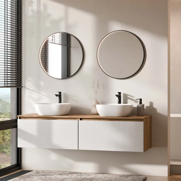 ARISA Double Vanity Unit, 160 cm, in White Ribbed, with 2 VELUNA 60 cm LED Mirrors and 2 White Ceramic Countertop Sinks, 42 cm