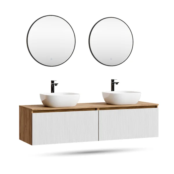 ARISA Double Vanity Unit, 160 cm, in White Ribbed, with 2 VELUNA 60 cm LED Mirrors and 2 White Ceramic Countertop Sinks, 42 cm