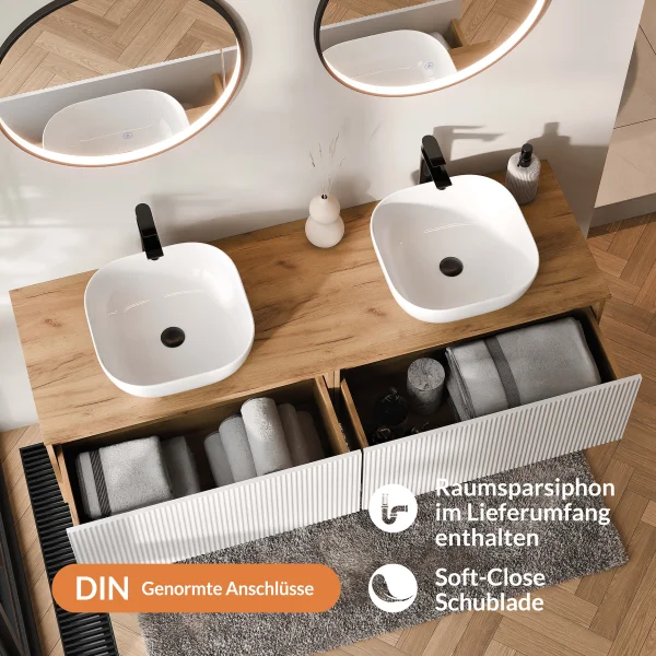 ARISA Double Vanity Unit, 160 cm, in White Ribbed, with 2 VELUNA 60 cm LED Mirrors and 2 White Ceramic Countertop Sinks, 42 cm