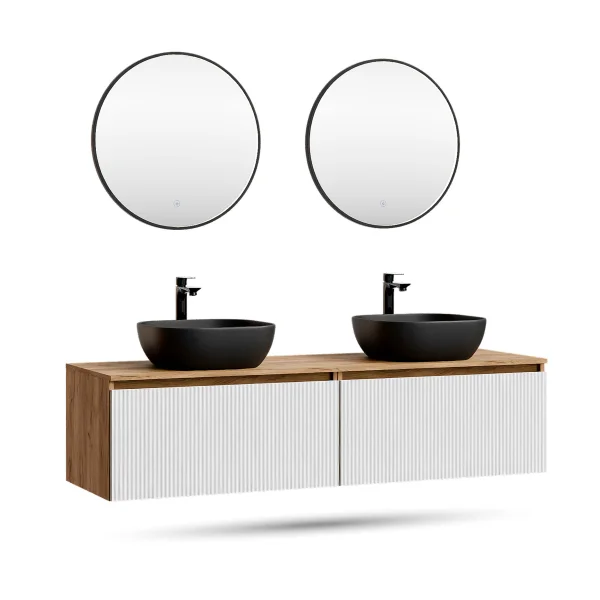 Meuble-lavabo double ARISA 160 cm, blanc strié, avec 2 miroirs LED VELUNA 60 cm et 2 vasques en céramique noires à poser de 42 cm