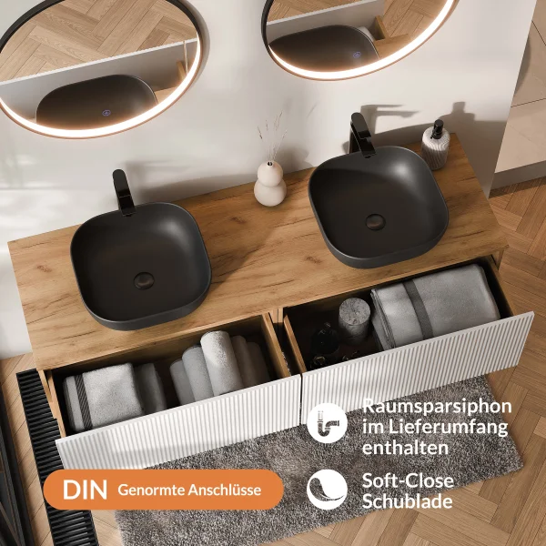 Meuble-lavabo double ARISA 160 cm, blanc strié, avec 2 miroirs LED VELUNA 60 cm et 2 vasques en céramique noires à poser de 42 cm