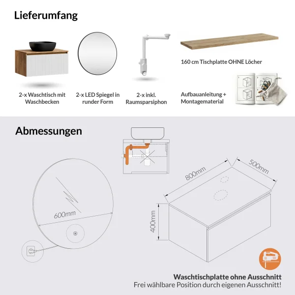 Meuble-lavabo double ARISA 160 cm, blanc strié, avec 2 miroirs LED VELUNA 60 cm et 2 vasques en céramique noires à poser de 42 cm