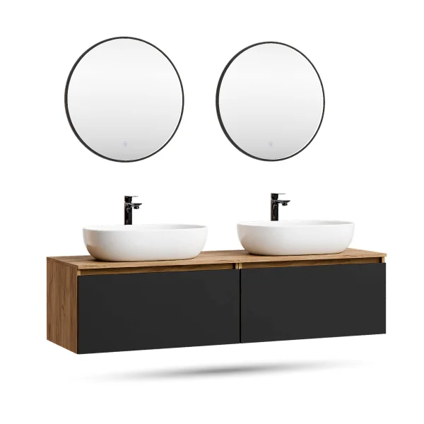 ARISA Double Vanity Unit, 160 cm, in Black, with 2 VELUNA 60 cm LED Mirrors and 2 White Ceramic Countertop Sinks, 60 cm